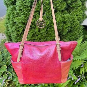 Michael Kors Jet Set Shoulder Tote Bag Hand Painted Metallic Sunrise Red Multi